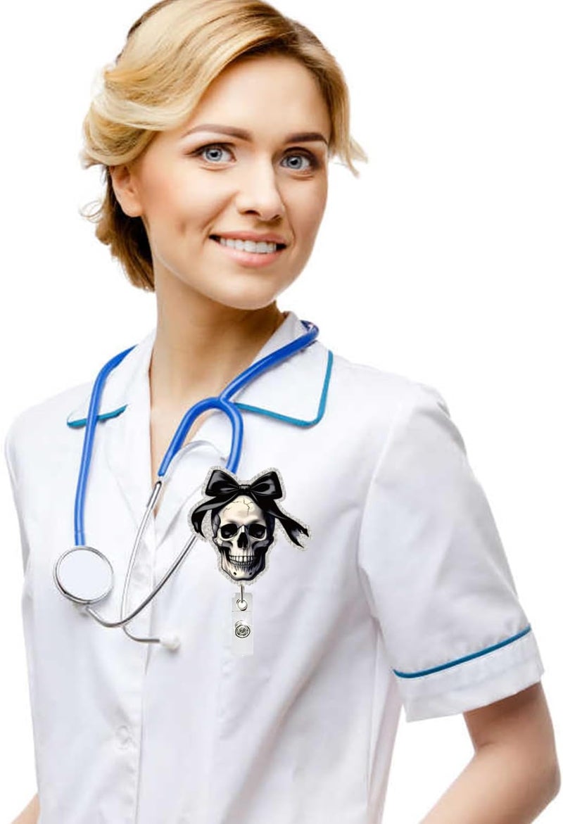 NSSHEL Halloween Skull Badge Reel Retractable for Nurse Nursing Student Medical Worker & Office Staff Acrylic Alligator Clip Badge Reel Halloween Skeleton with Bow ID Card Badge Holder Gifts - Image 5